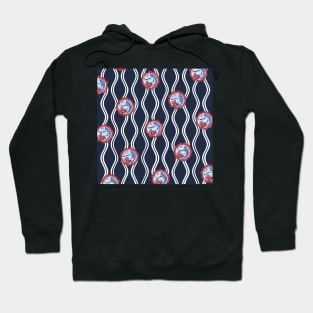 Traditional Japanese Floral Tatewaku Spring Flowers Pattern with Sakura Cherry Blossom, Camellia, and Wisteria in Navy Indigo and Red Hoodie